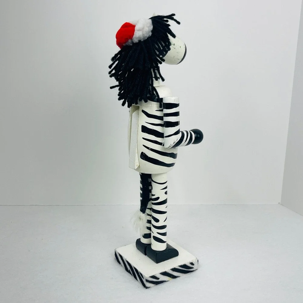 Zebra Wooden Nutcracker Christmas Decor Safari Animal Santa Hat 12 Inch